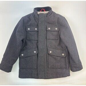 Gap Kids Boys Gray Herringbone Coat Zip Wool Blend Snap Mock Neck Kids Small 6-7